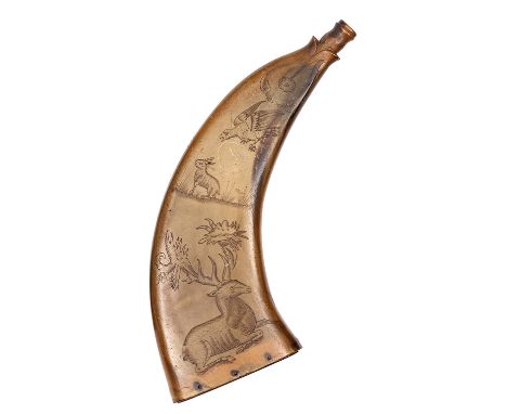 A well executed 18th century scrimshaw engraved flattened horn powder flask, 10½” overall, one side bearing a hunter aiming a