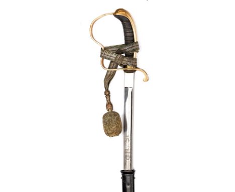 †A Bavarian Artillery officer’s sword c 1900, slender curved blade 35”, with “ancient warrior” mark of P O & Co at forte, and