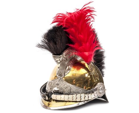 †A French Chasseurs à Piéd helmet, c 1890, copper skull with white metal edge binding to front and rear peaks, ear to ear fro