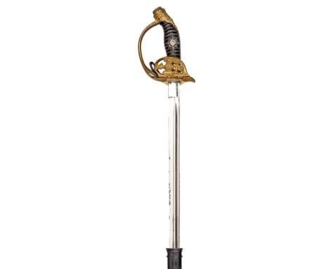 †A WWI period Prussian Guard Infantry officer’s sword, plated, twin fullered blade 32”, with “ancient warrior” mark of P.O & 