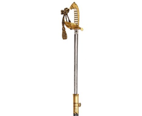 A post-1902 naval officer’s sword,  very slightly curved, fullered blade 31½”, etched with Royal Arms on one side and crowned