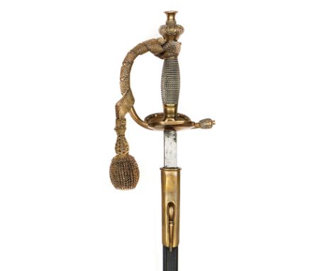 †A continental dress sword,  slender SE blade 31½”, etched with trophy of arms within scrolled panels, brass hilt, the upturn