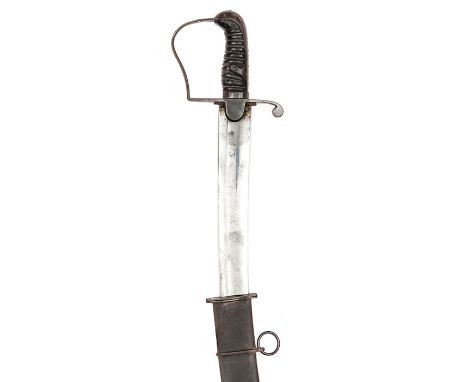 A 1796 pattern light cavalry officer’s service sword, plain, shallow fullered blade 33”, blackened steel stirrup hilt with la
