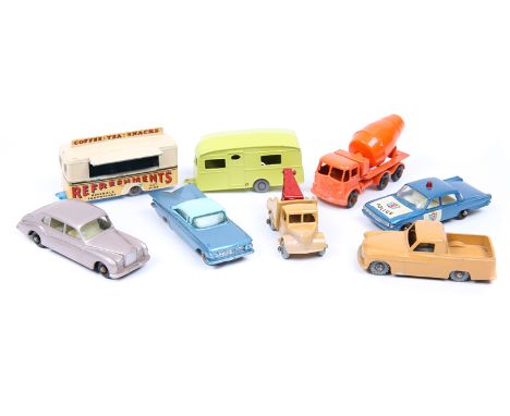 12 Matchbox series. Including Foden cement mixer. Commer Pick-Up, Rolls Royce Phantom V, Berkley Cavalier in yellow, Bedford 