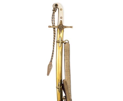 †A late Victorian Indian Army General officer’s mameluke hilted sword,  curved blade 31½”, etched with crowned VRI cypher and