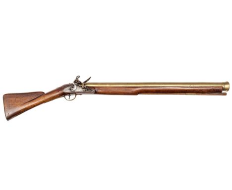 A very fine brass barrelled flintlock ship’s musketoon, or boat gun, by Bumford, c 1760,  50½” overall, barrel 34” with 1¾” b