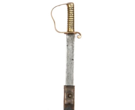 A P1856 pioneer sidearm, saw backed blade 22”, with stamp at forte, solid brass stirrup hilt, ribbed grip marked “IWI/2” and 