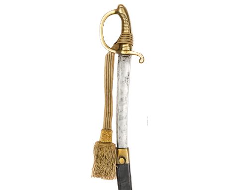 †A continental infantry hanger, c 1820, curved shallow fullered blade 25½”, with stamp (unclear) at forte, solid brass hilt w