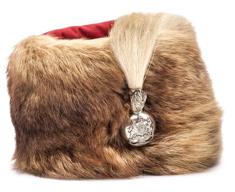 An unusual post 1901 officer’s light brown fur busby of the Volunteer Artillery, plain scarlet cloth bag, silver plated grena