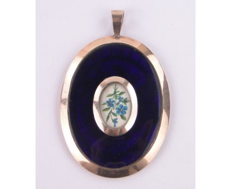 A 19th century unmarked gold and blue enamel pendant with painted central floral panel,height excluding loop 52mm.