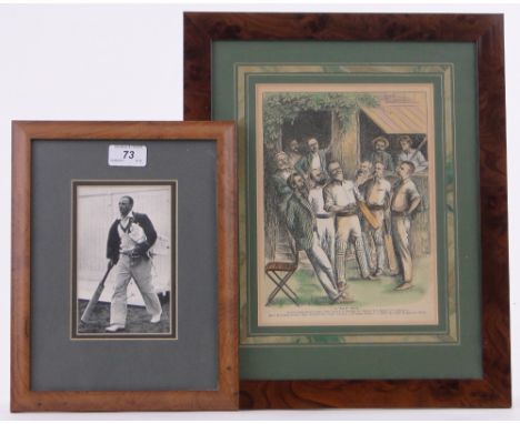 Don Bradman,a portrait print with original ink signature, 5.75" x 3.5" together with a hand coloured cricketing caricature pr