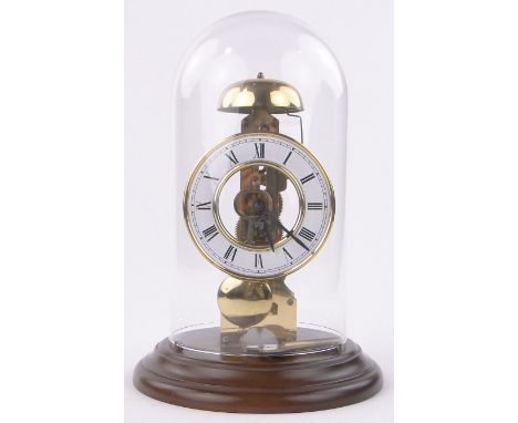 A modern brass and enamel skeleton clock,under glass dome on wooden plinth, height 11".