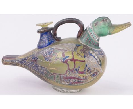 An unusual continental painted and gilded coloured glass decanter in the form of a duck,the sides decorated with winged class