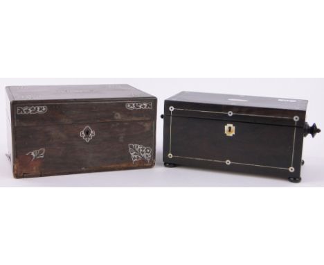 A 19th century rosewood and mother of pearl inlaid tea caddy,length 11.5" and a Victorian rosewood and mother of pearl inlaid