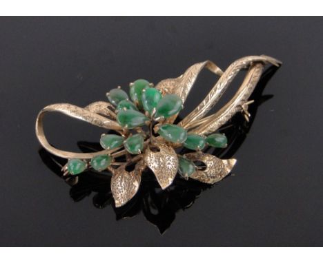 A 14ct gold jade set floral spray brooch,length 60mm.