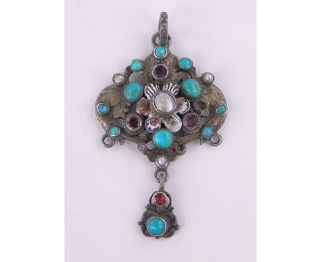 An Austro Hungarian turquoise garnet and enamel pendant,length excluding bale 40mm.