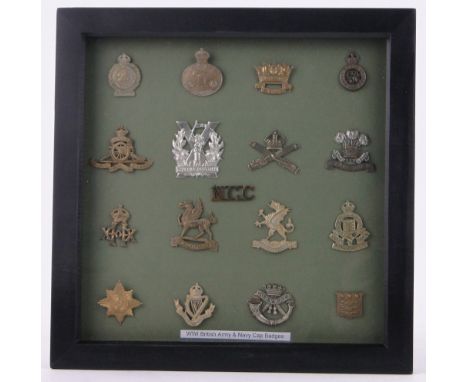 A Collection of First War military cap badges,mounted in display case.
