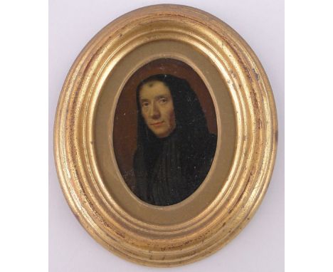 A 19th century miniature oil painting on metal,portrait of a man wearing a black cloak, unsigned, giltwood frame overall heig