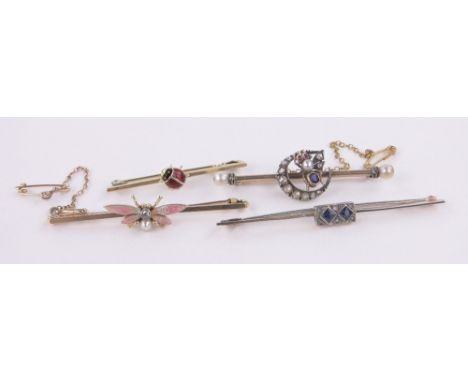 A diamond, pearl and enamel butterfly bar brooch,a diamond and gemstone set fly and crescent bar brooch, a sapphire and diamo