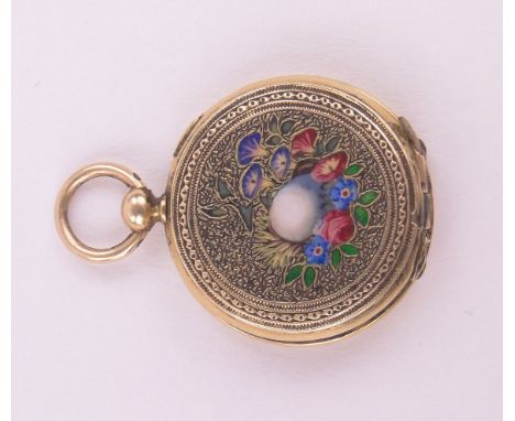 A 19th century miniature unmarked gold and coloured enamel double locket,with floral decorated cover, width 20mm, 6g.