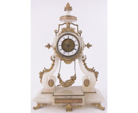 A French alabaster and gilt metal cased mantel clock circa 1900,with girl on a swing pendulum, height 19".