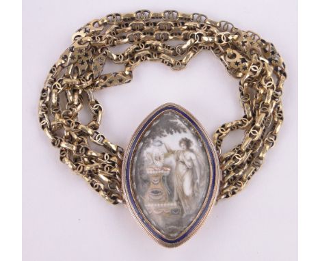 A fine quality 19th century gold bracelet,the central oval panel having a painted ivory inset plaque with gold and pearl inla