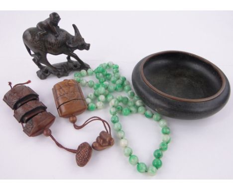 A group of Oriental items,including a Cloisonne enamel bowl 7.5" diameter, 2 carved wood inro, a silver inlaid buffalo and  h