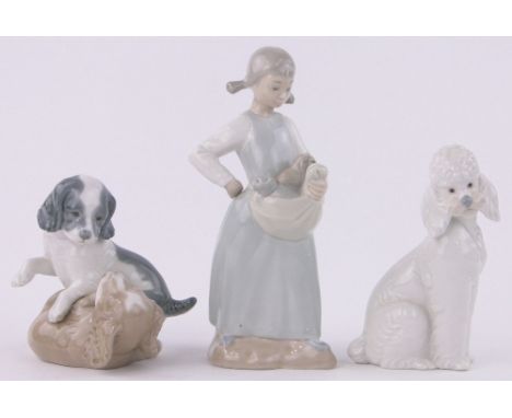 NAO porcelain figure Girl with kittens,height 9" and 2 NAO porcelain dog figures, (3).