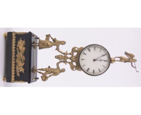 A gilt metal cased mantel clock supported by figures of a man and woman,height 16".