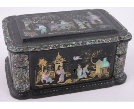 A chinnoiserie mother of pearl inlaid and gilded tea caddy,length 8".
