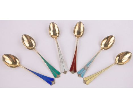 A set of 6 Norwegian sterling silver and coloured enamel coffee spoons,makers marks D A.