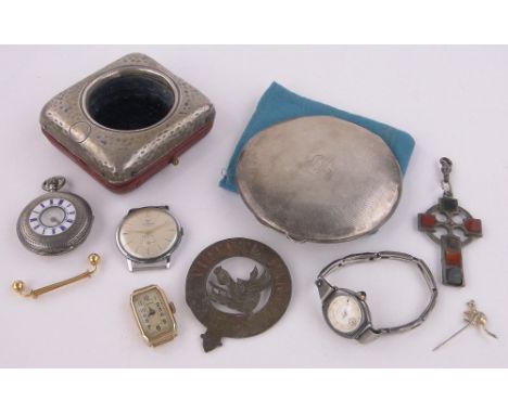 Box of various items,including silver and enamel half hunter fob watch, Edwardian silver pocket watch stand, silver compact, 