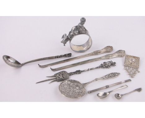 Continental silver sifter spoon,pickle fork, plated napkin ring and other items.