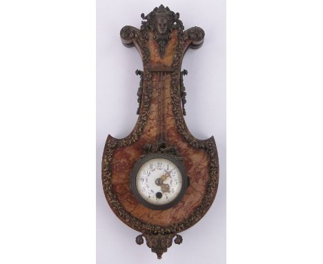 A 19th century French ormolu and marble cased wall hanging lyre shaped clock,with cast floral mounts and classical mask, flor