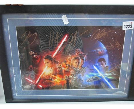 Star Wars Signatures, Harrison Ford, Carrie Fisher plus four other gold signed (all unverified) on a coloured print, 19.5 x 2