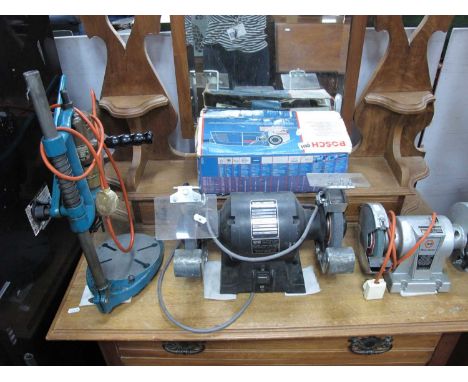 Black &amp; Decker Model P7505 and 5" Bench Grinders. Bosch mini grinder, drill on stand (untested sold for parts only).