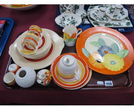 Grays Pottery, to include floral plate, banded ware, spotted globular spill vase, Clarice Cliff Bizarre 'Rhodanthe' lidded ja