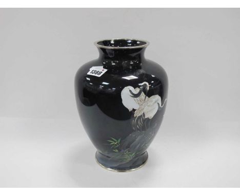 Oriental, Tamura, Japanese cloisonne vase featuring three cranes on naturallistic setting, on black ground, signed to foot ri