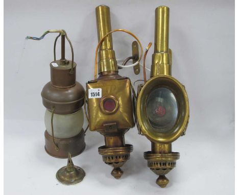 A Pair of Brass Carriage Lamps, with oval lens to front and small red to back 43cm high, with a copper lantern with ceiling f