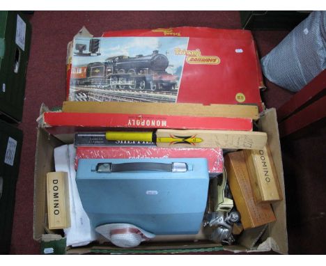 Toys and games to include Monopoly, various sets pf dominos, Imperial 200 typewriter, Days Gone, signed miniature cricket bat