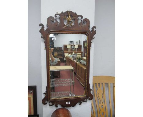 XVIII Century Style Chippendale Bird Mirror, with a carved Ho Ho bird, pierced decoration, fretwork earpices, shaped bottom