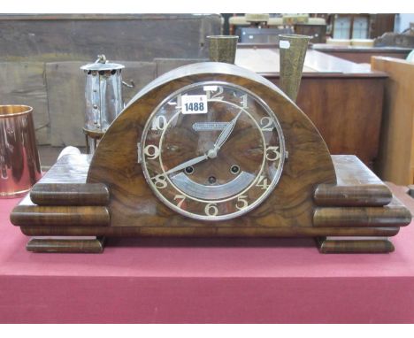 An Art Deco Circa 1930's Walnut Cased Mantle Clock, three hole chiming movement, retailers plaque 'Favre-Leuba Co Ltd. Bombay