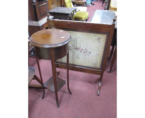 Early XX Century Mahogany Work, with a hinged circular top, together with a inlaid firescreen, with silk woolwork panel of fl