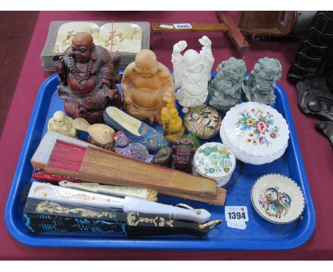 Jadeite Mineral Temple Lions, 9.5cm high, model Buddha's, fans, ceramics, etc:- One Tray.