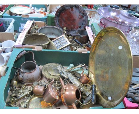 A Quantity of Brass and Copper, to include hanging lantern lamp., small coal helmet, bowl, pan, kettle, plates, door knockers