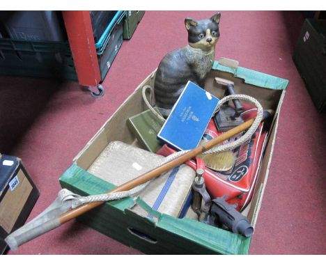 A Painted Cast Iron Door Stop, in the form of a cat, an original Sievert blow tourch, three sets of silverplate cutlery in fi