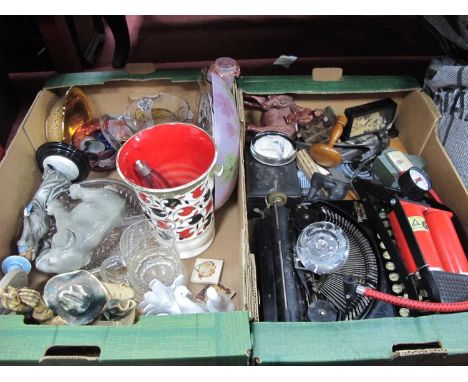 A Remington Portable Typewriter, Rheinland pump, with a collection of glassware and ceramics to include figure of tramp on be