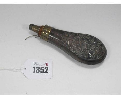 French Copper Powder flask, featuring cross rifles, A Paris, '2 Onces', 12.5cm high.