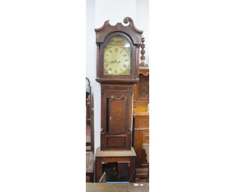 XIX Century Longcase Clock, with swan neck canopy, reeded pillasters, canted sides to trunk, all over inlay, mahogany cross b