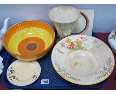 Shelley Orange and Yellow Banded Fruit Bowl, with brown spiral to centre base, 24cm diameter; Price Art Deco vase, Ducal bowl